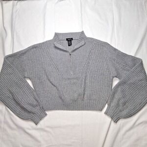 Rue21 Gray Half Zip Pullover Sweater Balloon‎ Sleeve Ribbed Knit Medium EUC